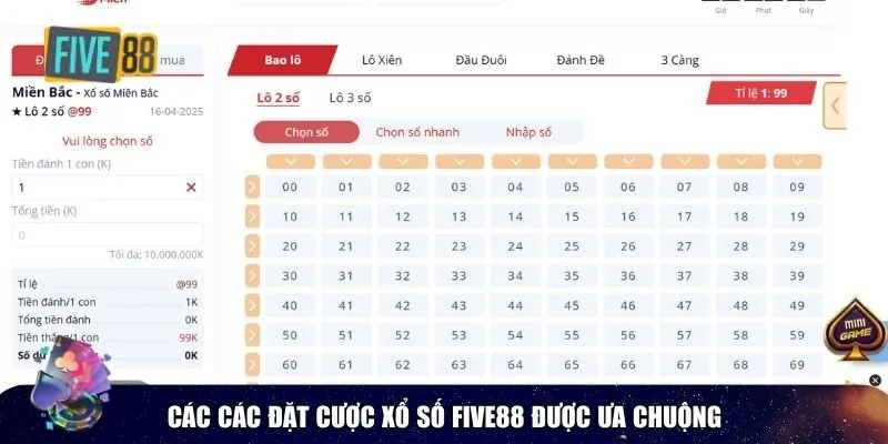 Các các đặt cược Xổ Số FIVE88 được ưa chuộng